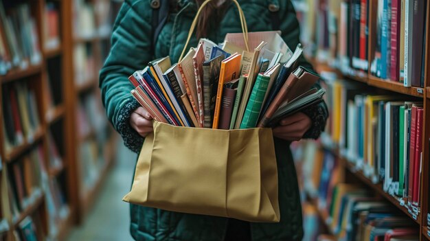 Photo a woman holding a bag of postcards with a magazine in the background