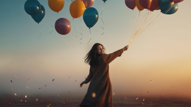 A woman holding balloons in front of a sunset