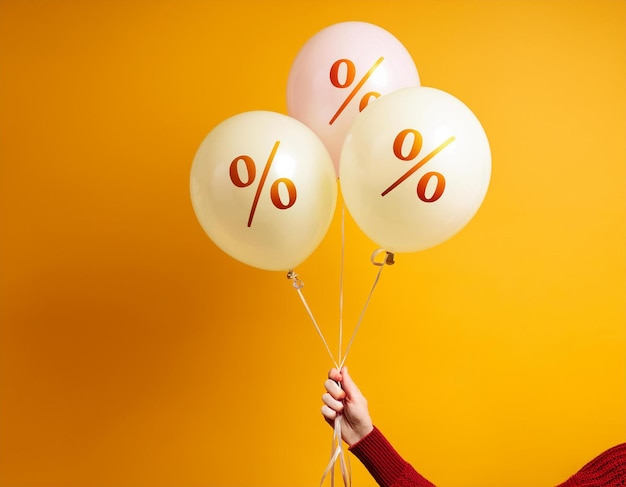 Photo woman holding balloons with percent on yellow background minimal sale and discount