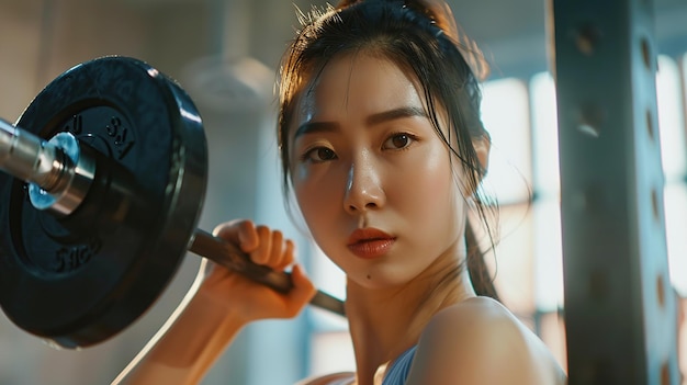 A woman holding a barbell in a gym Ideal for fitness Beautiful sport girl in sportswear