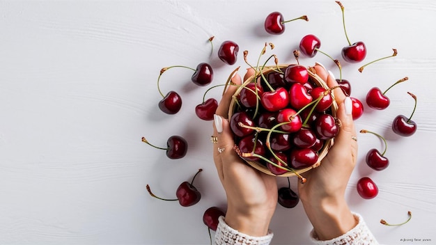 Photo a woman holding a basket of cherries with the words cherry on the top