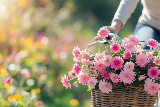 a woman holding a basket of flowers with a hand holding a flower