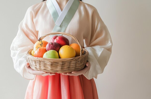 Photo a woman holding a basket of fruit with a ribbon around her neck