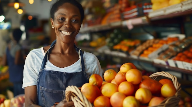 a woman holding a basket of fruit with a smile on her face