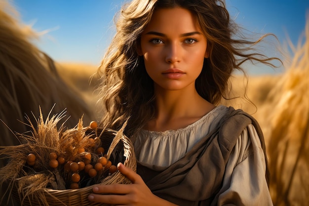 Woman holding basket of nuts in desert Generative AI