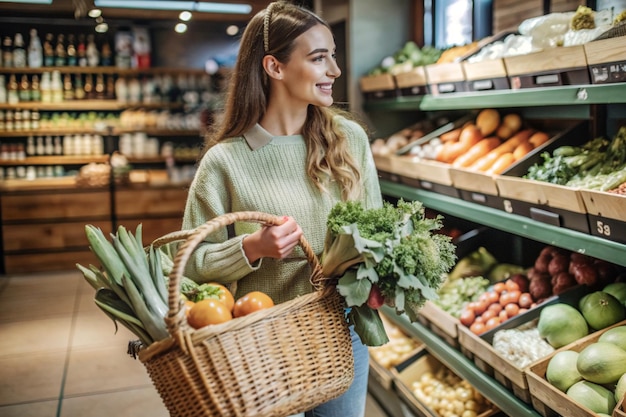 a woman holding a basket of vegetables with a blue basket full of vegetables