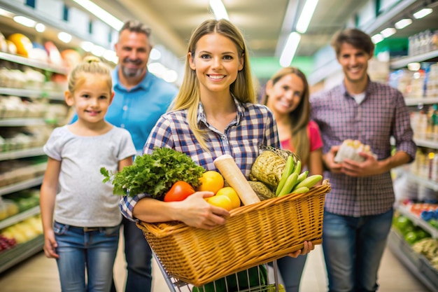 a woman holding a basket of vegetables with a man and a child in the background