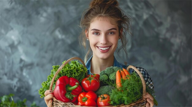 a woman holding a basket of vegetables with a smile on her face