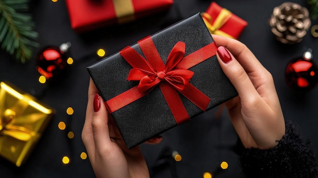 Woman holding a black gift box with red ribbon