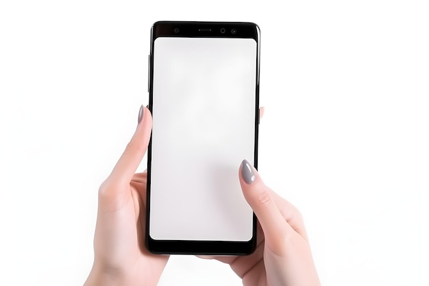 A woman holding a black phone with a white screen.