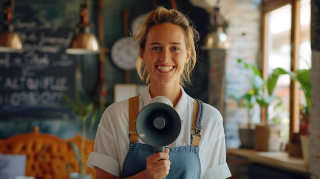 Woman Holding a Black and White Megaphone