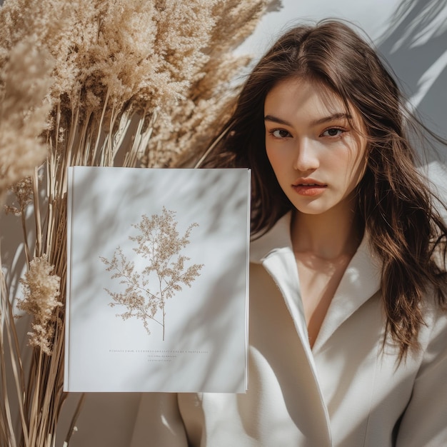 Woman Holding Blank Book with Dried Flowers and Natural Light