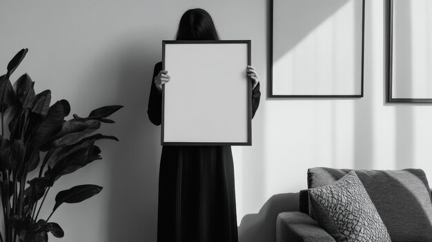 Photo woman holding blank canvas