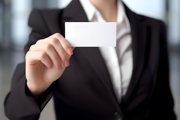 A woman holding a blank card in her hand