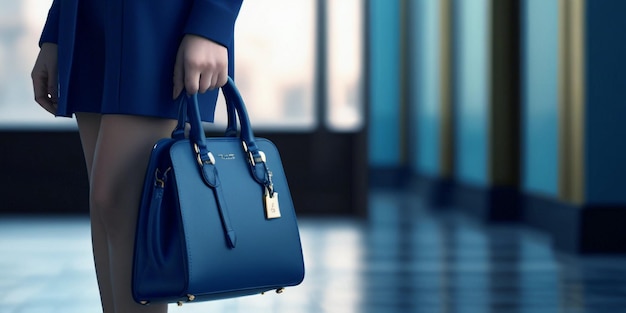 a woman holding a blue handbag