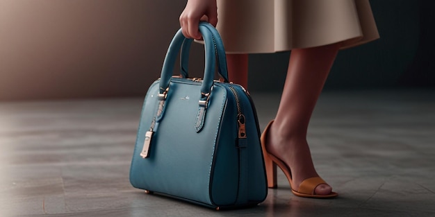 a woman holding a blue handbag