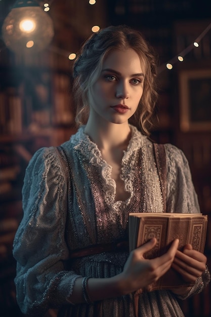 A woman holding a book in a dark room with a book in her hand.