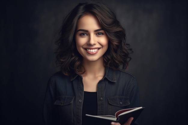 A woman holding a book in her hands.