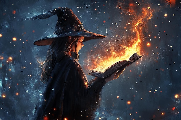 Photo a woman holding a book with a witch hat on it