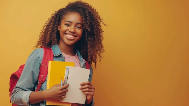 a woman holding a book with a yellow background