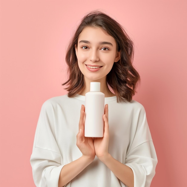 a woman holding a bottle of lotion in her hands