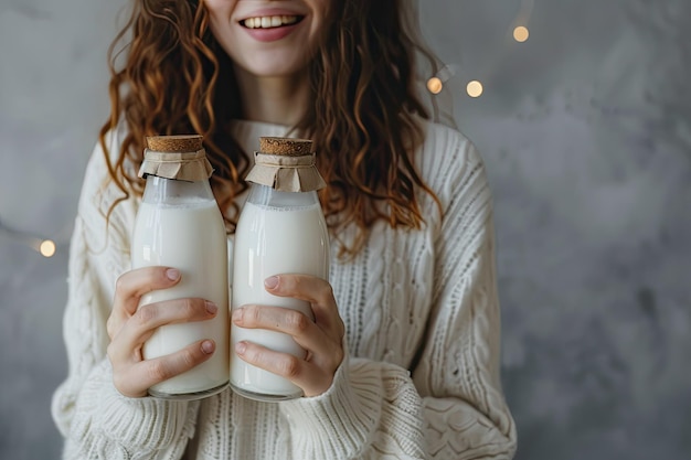 Photo a woman holding a bottle of milk and a bottle of milk