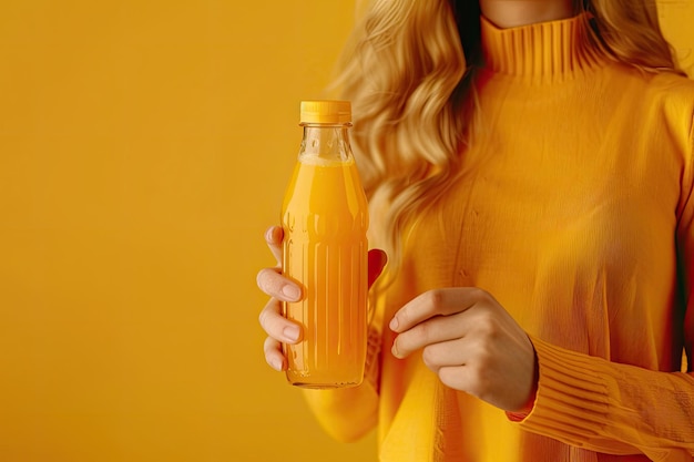 Photo a woman holding a bottle of orange juice