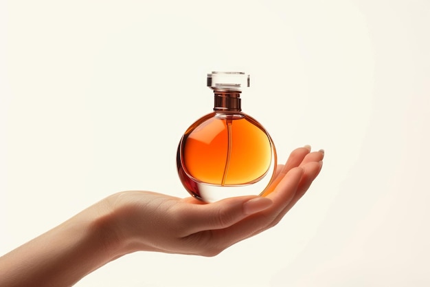 Woman holding bottle of perfume on white background