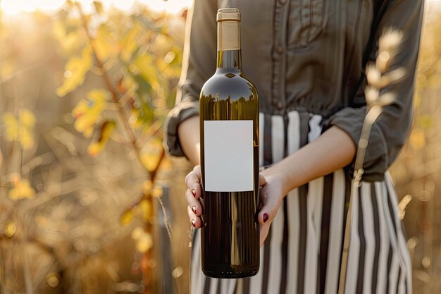 Photo woman holding a bottle of wine drink refreshment countryside