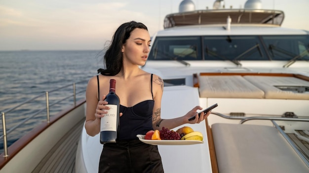 a woman holding a bottle of wine and a plate of grapes