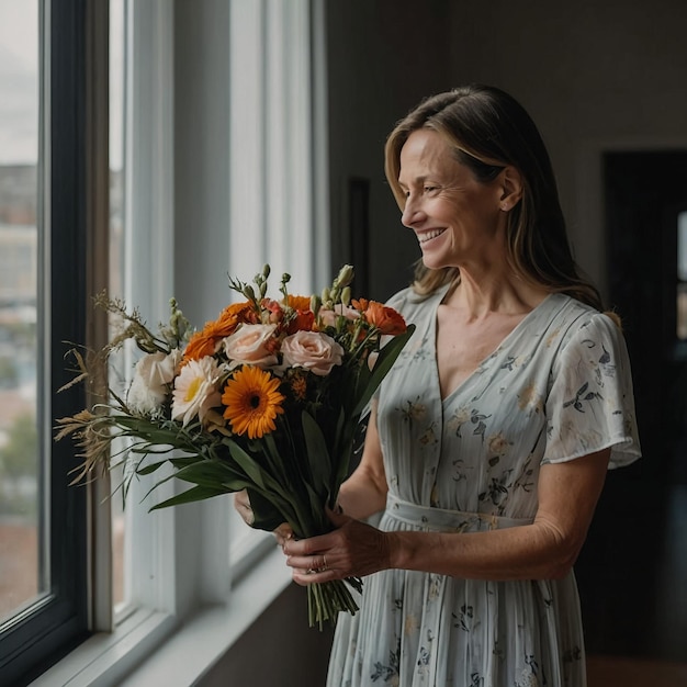 Photo a woman holding a bouquet of flowers by a window