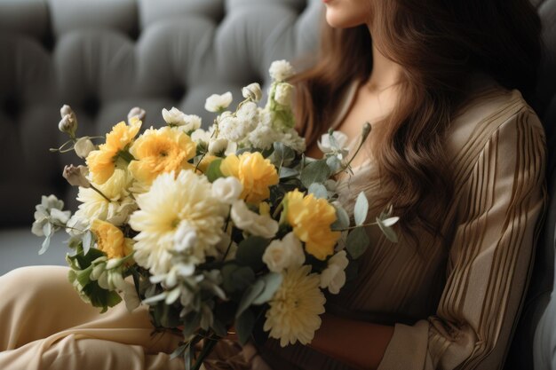 woman holding bouquet of flowers sitting on the couch ai generated