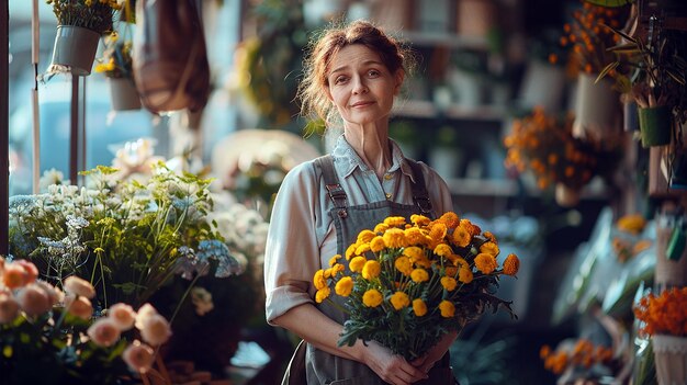 Photo a woman holding a bouquet of flowers in a store