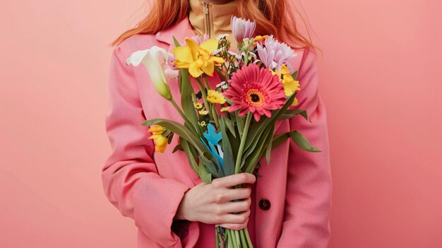 Photo a woman holding a bouquet of flowers with a pink background