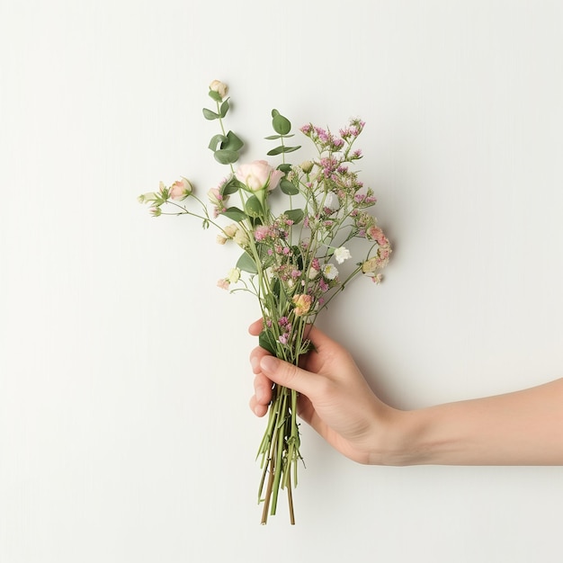 a woman holding a bouquet of flowers with a white background