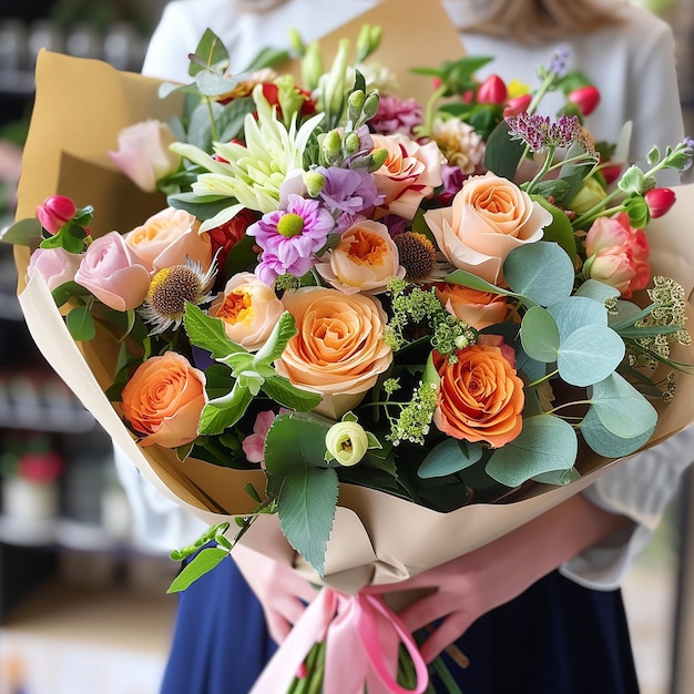 a woman holding a bouquet of flowers with the word quot spring quot on the bottom