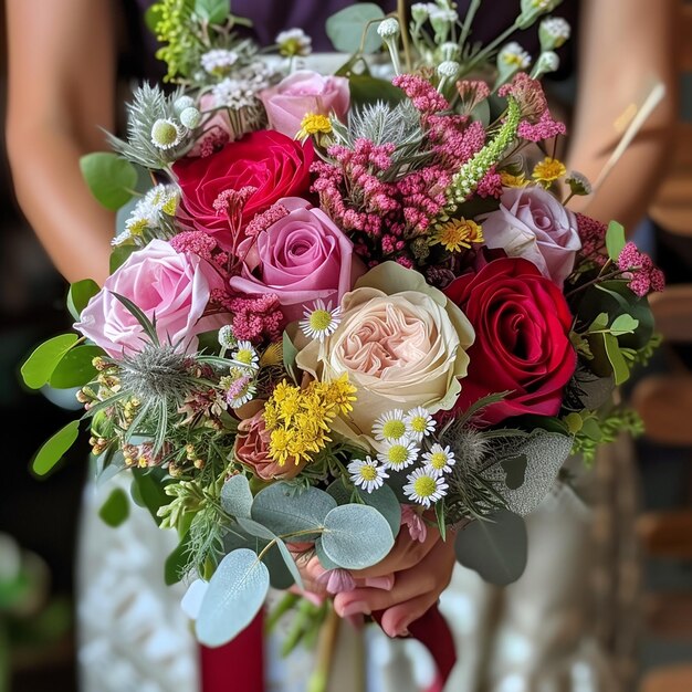 Photo a woman holding a bouquet of flowers with the word quot spring quot on the bottom