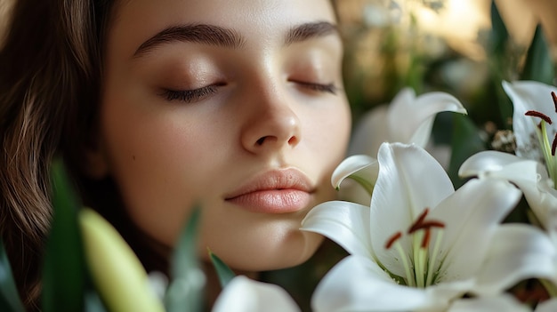 Photo a woman holding a bouquet of lilies with the word on it