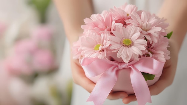 Photo woman holding a bouquet of pink flowers with ribbon in studio setting