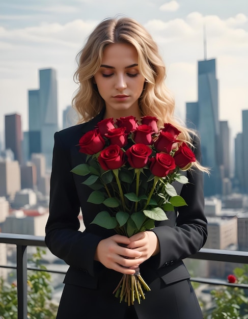 a woman holding a bouquet of roses in front of a city skyline