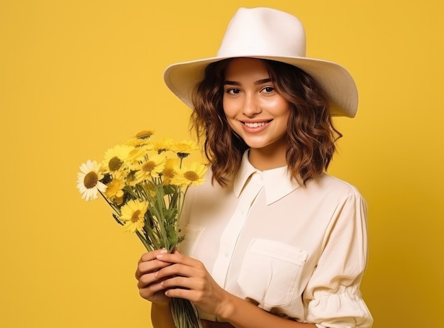 Woman holding a bouquet of sunflowers isolated on yellow Summer vibes