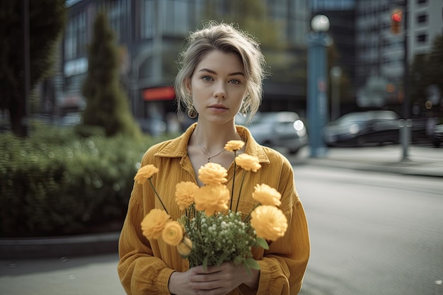 A woman holding a bouquet of yellow flowers