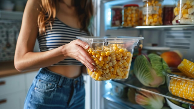 Photo a woman holding a bowl of corn in front of a refrigerator