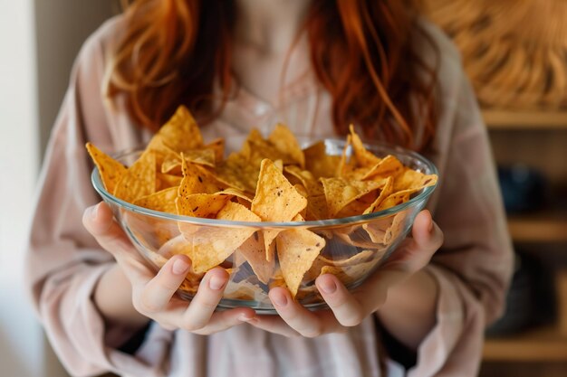 Woman Holding a Bowl of Crunchy Tortilla Chips