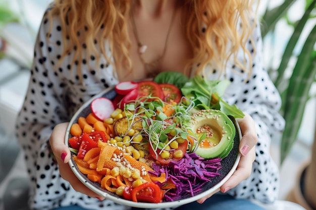 a woman holding a bowl of food with a salad in the middle