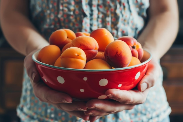 Woman Holding Bowl of Fresh Apricots in Polka Dot Bowl