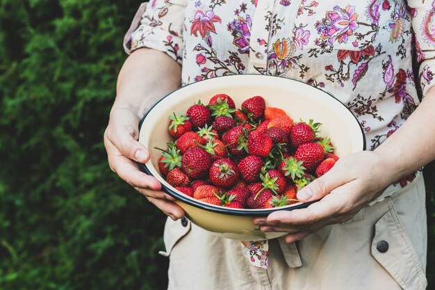 Woman holding a bowl of fresh ripe strawberries in her hands