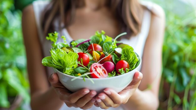 Photo a woman holding a bowl of fresh vegetables with a white shirt that says quot fresh quot