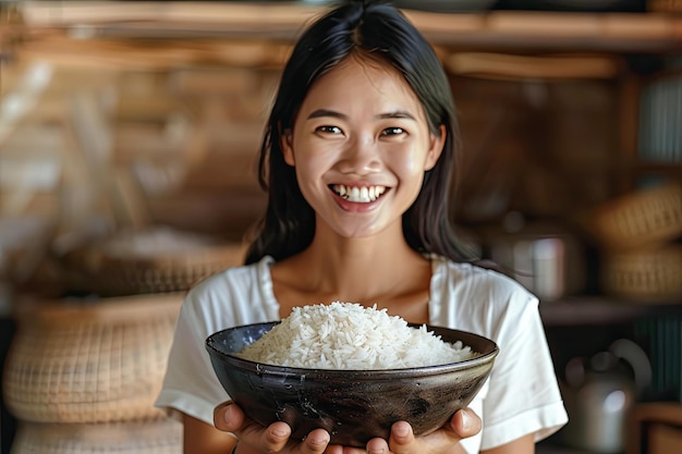 Photo woman holding a bowl of rice with a smile