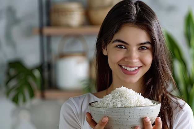 Photo woman holding a bowl of rice with a smile